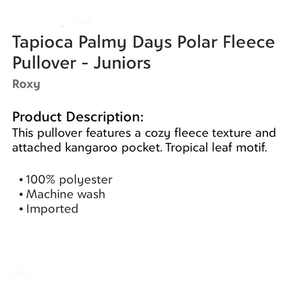 Roxy Tapioca Palmy Days Polar Fleece Pullover Juniors Size Medium NEW Extra Soft - Picture 5 of 5